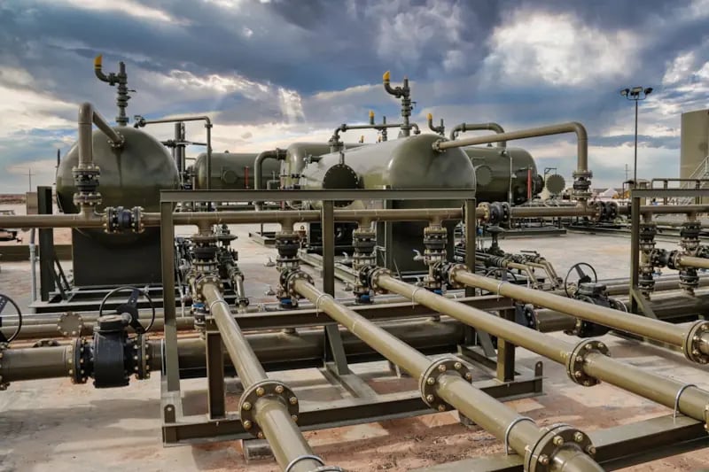 Photo: A network of test separators, pipeline racks and valves combine to ensure the safe and efficient flow of oil and gas. Photo: A network of test separators, pipeline racks and valves combine to ensure the safe and efficient flow of oil and gas.