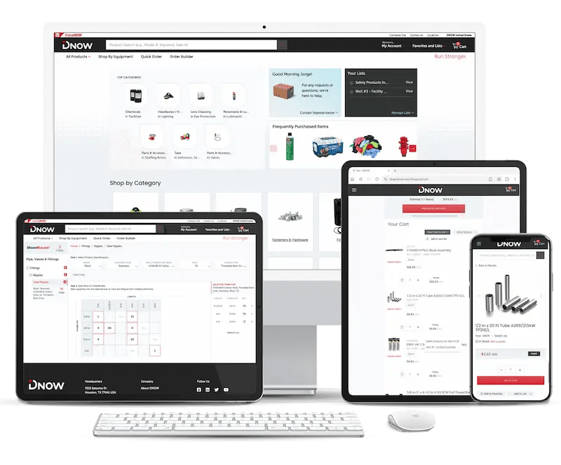 DNOW eCommerce website shop.dnow.com displayed on various devices including desktop, tablet, and mobile screens, showcasing user-friendly navigation, product categories, frequently purchased items, and an optimized cart experience. DNOW eCommerce website shop.dnow.com displayed on various devices including desktop, tablet, and mobile screens, showcasing user-friendly navigation, product categories, frequently purchased items, and an optimized cart experience.