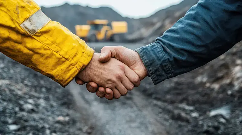 Closeup of 2 workers' arms handshaking. A surface mining site can be seen in the background.